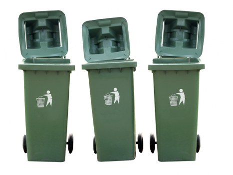 Business recycling bins labelled for paper, glass and organics